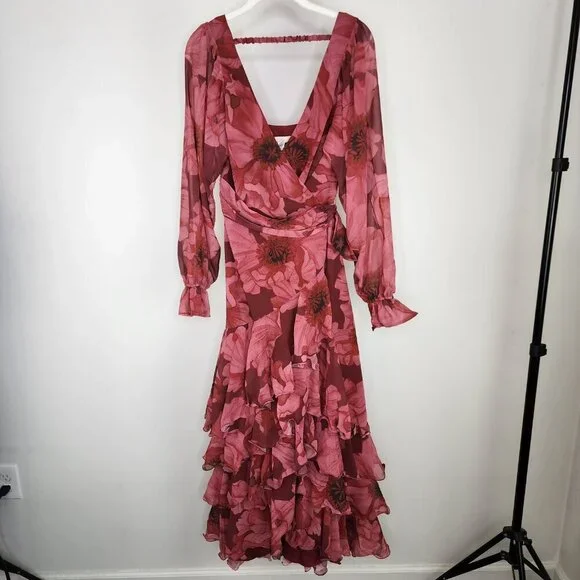 NEW Hutch Kya Long-Sleeve V-Neck Printed Tiered Wrap Maxi Dress Red Small
